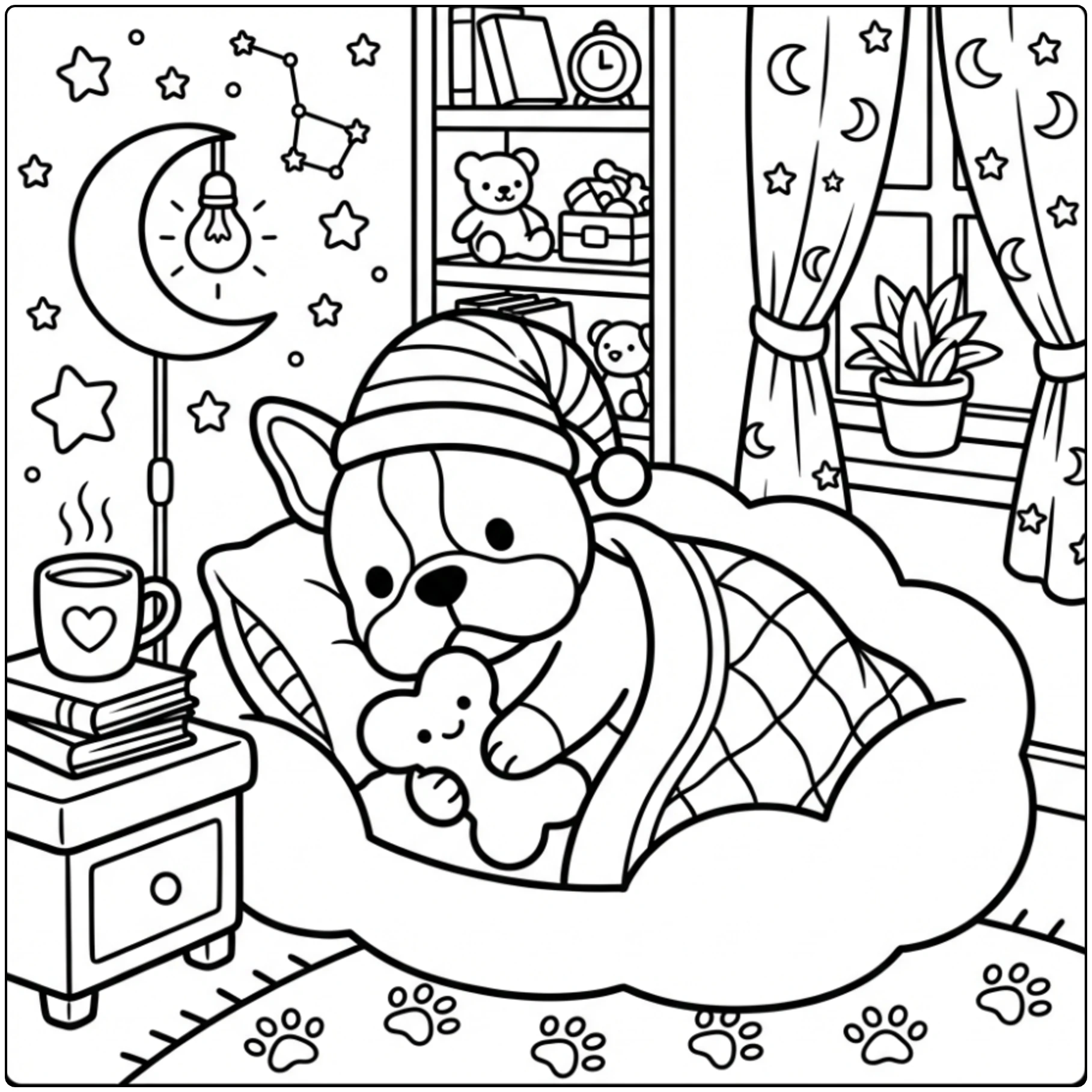Cute Boston Terrier coloring page sleeping in bed with toy.