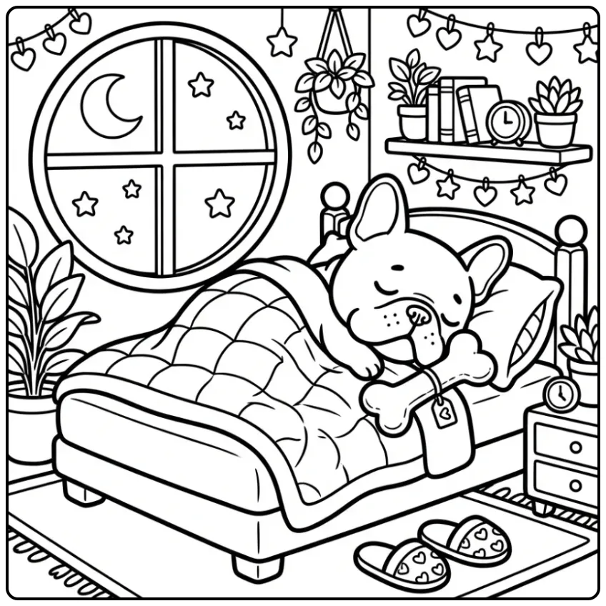 A cute, sleepy French Bulldog Coloring Page in a cozy bed.