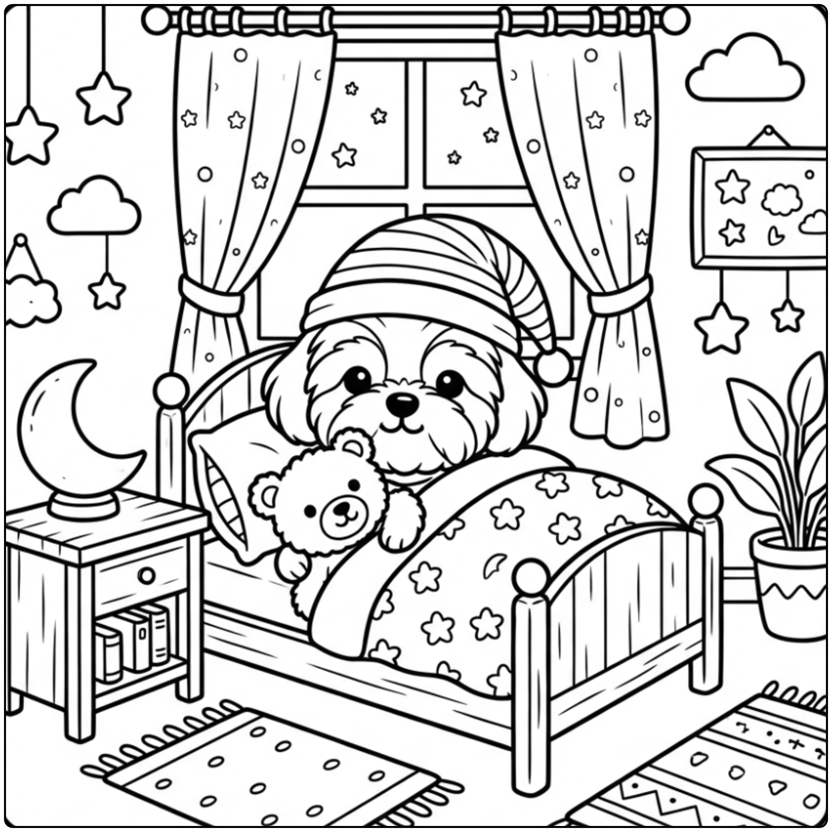 Printable Shih Tzu coloring page of a dog tucked in bed.