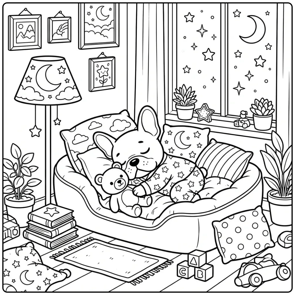 A sleepy puppy in pajamas for a Cute French Bulldog Coloring Page.