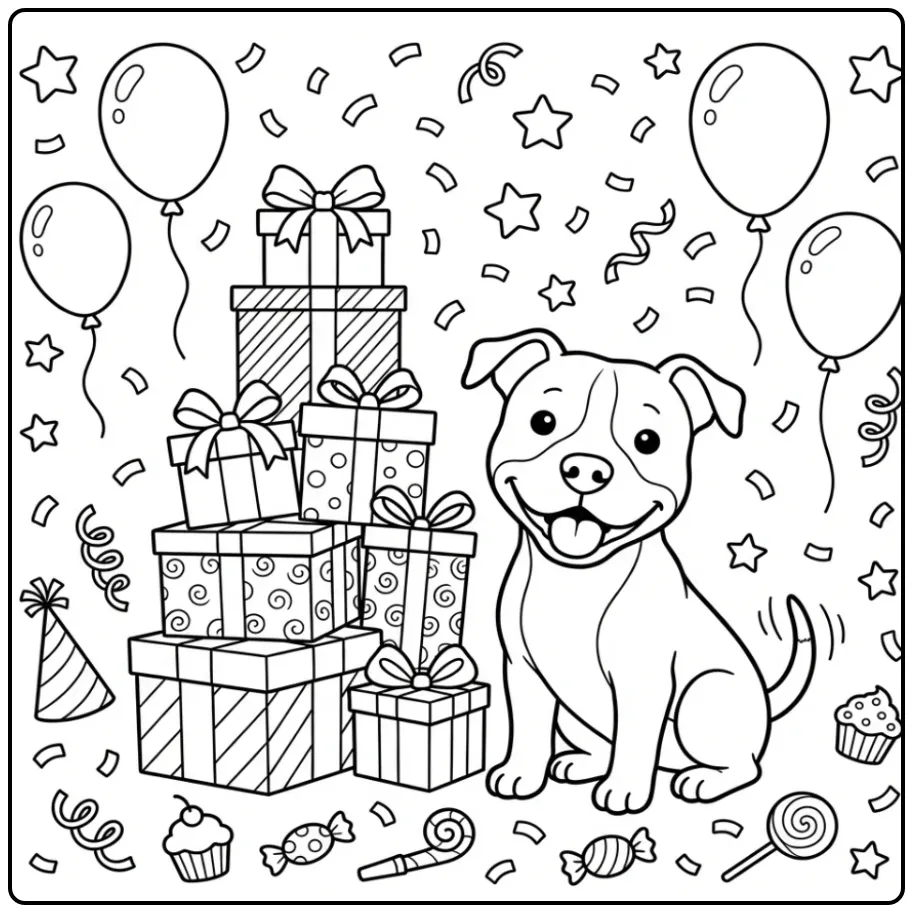 A joyful Pitbull Coloring Page with party gifts and balloons.