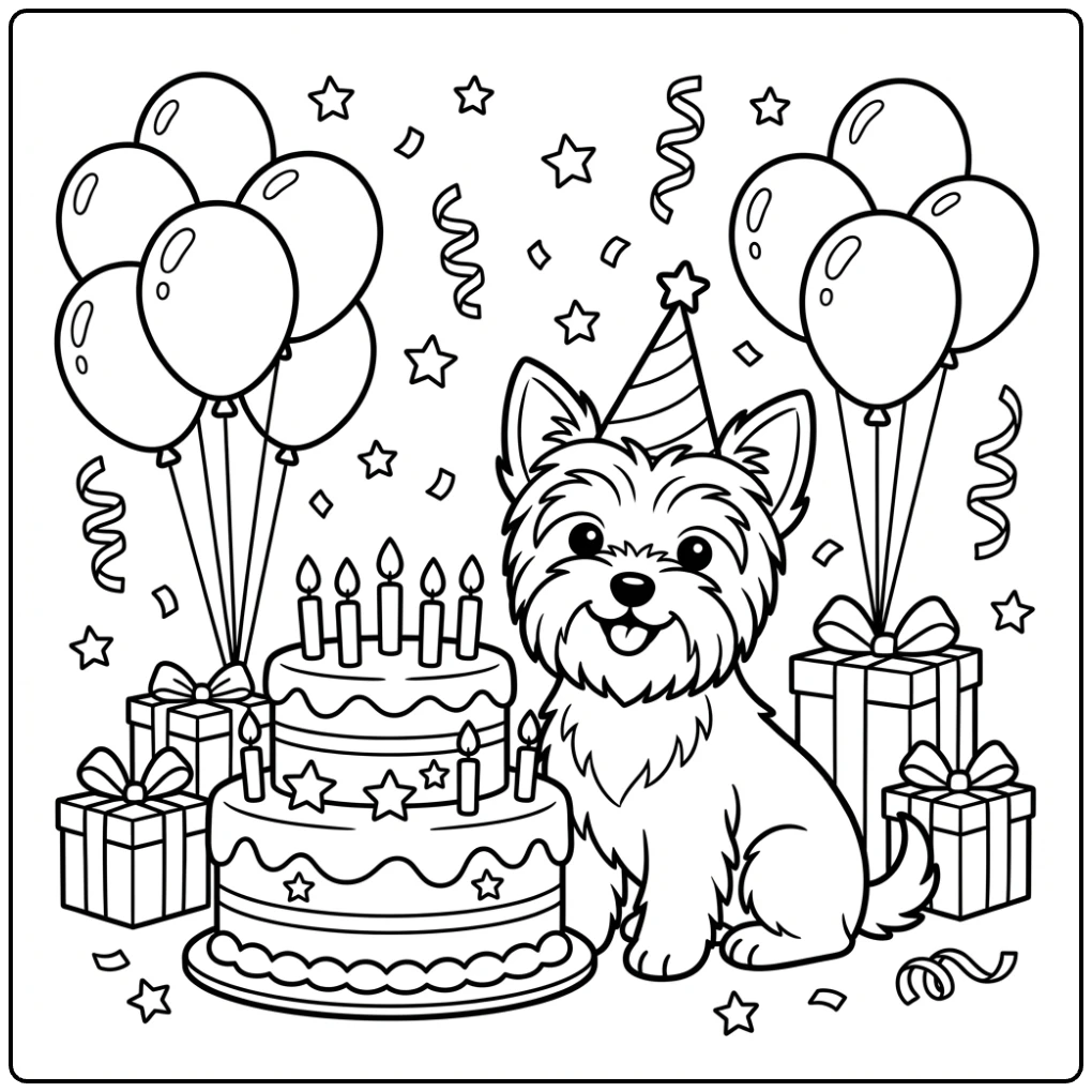 Cute Yorkie coloring page with birthday cake and balloons.