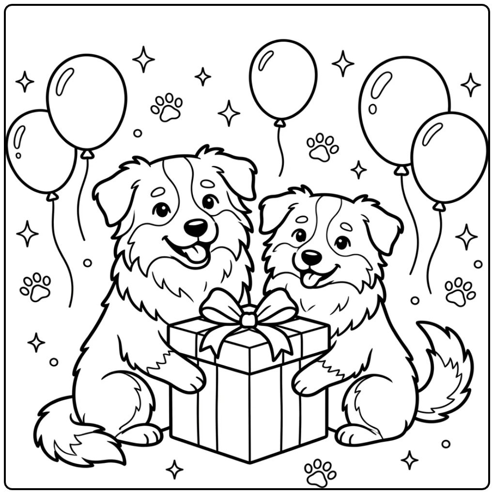 A cute Australian shepherd coloring page with two dogs and gifts