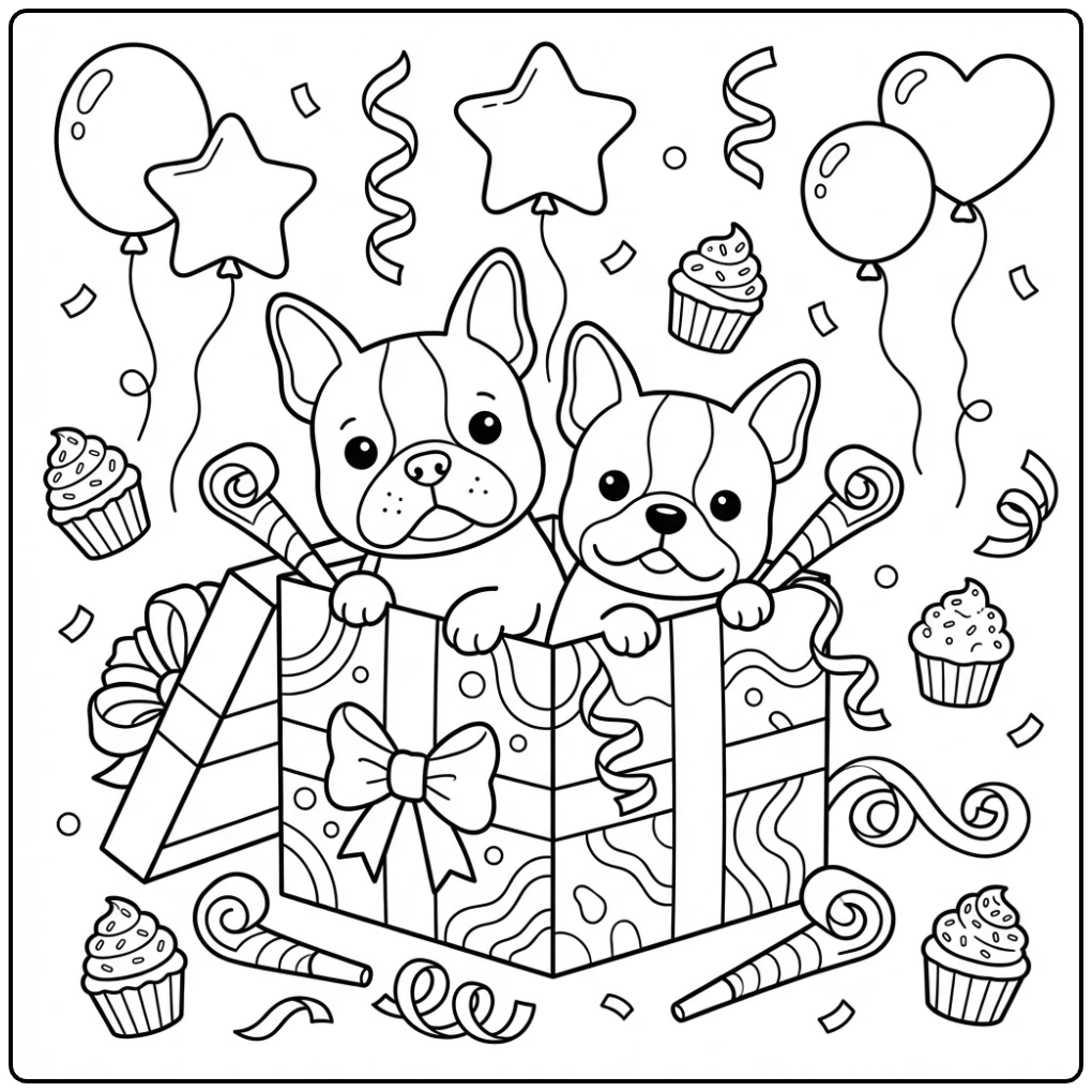 Cute Boston terrier birthday coloring page dogs in gift box.