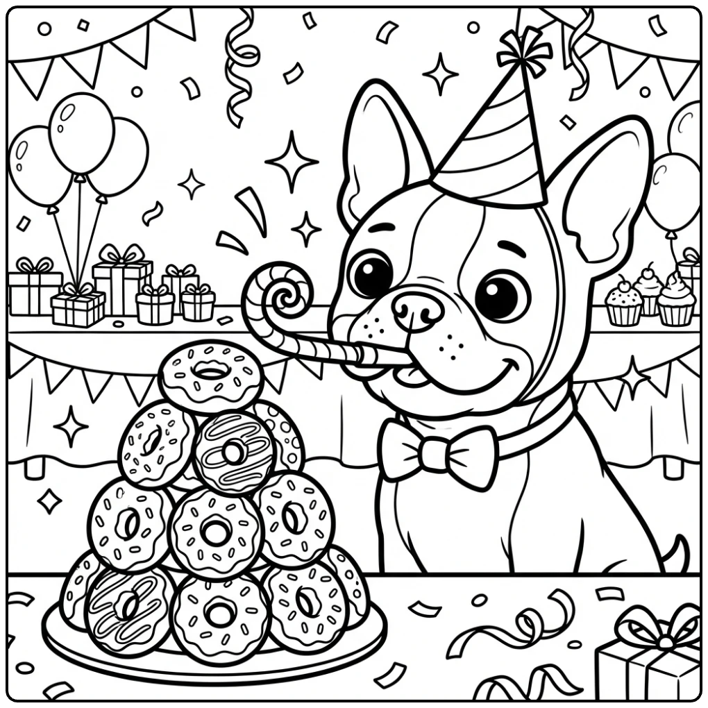 Cute Boston terrier birthday coloring page with donuts.