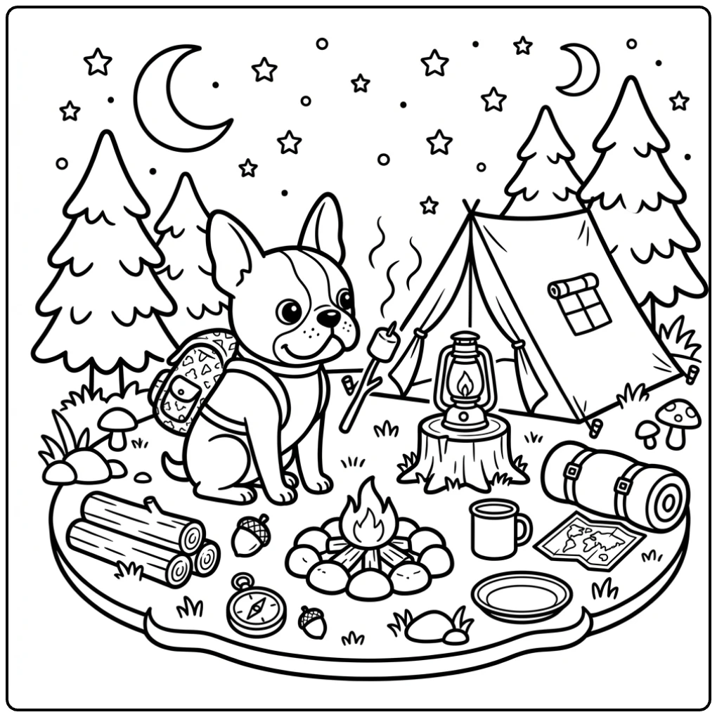 Camping Boston Terrier coloring page with tent and marshmallow
