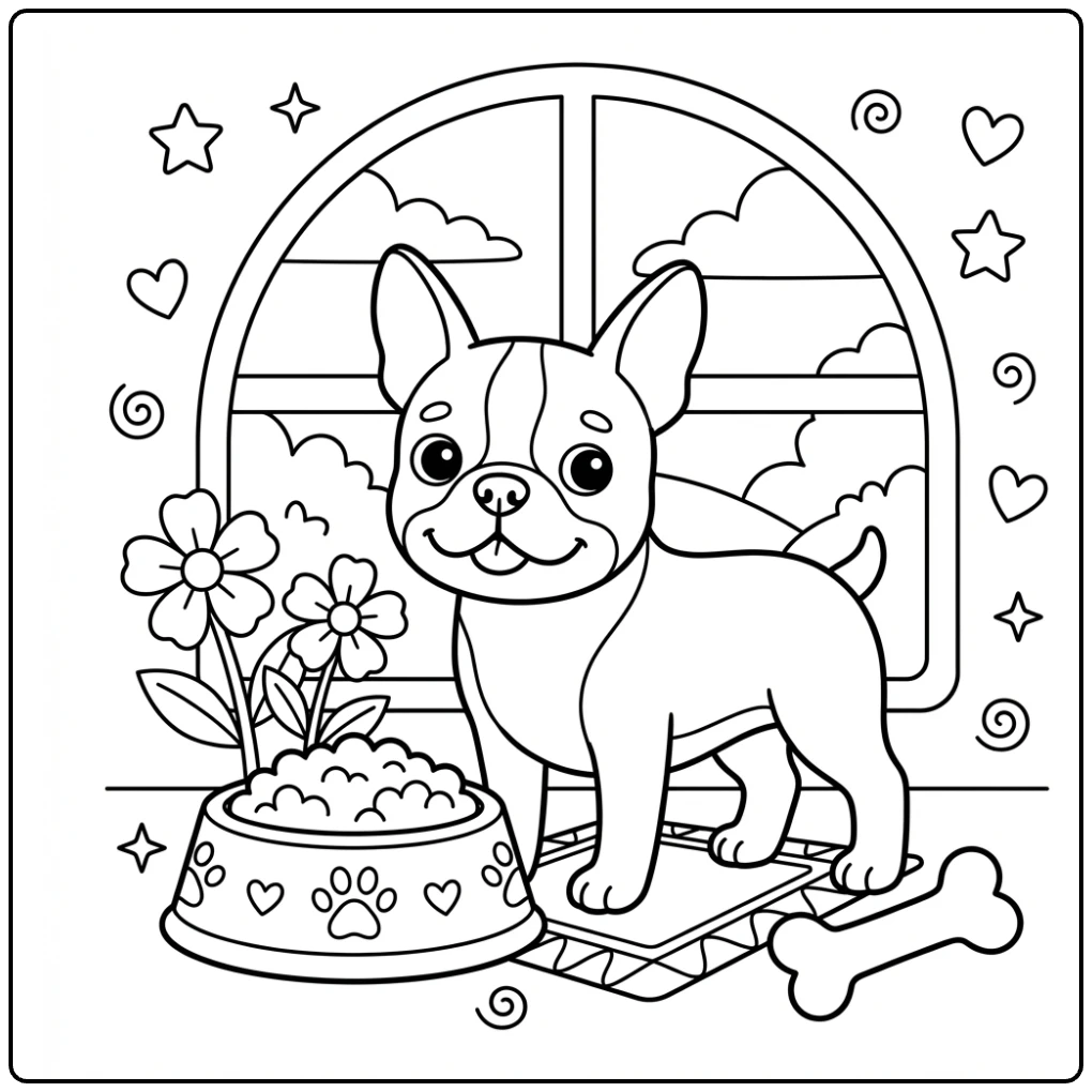 Cute Boston terrier coloring page for beginners with dog bowl