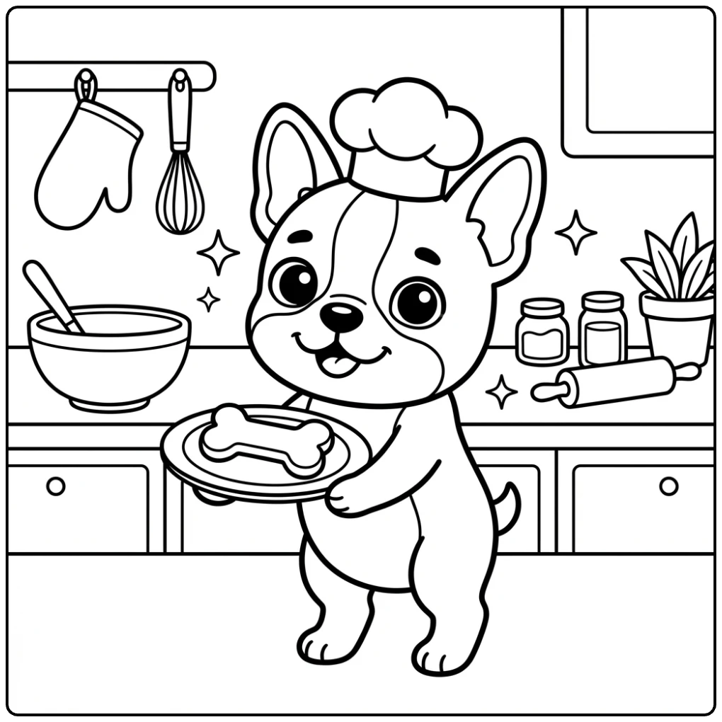 Cute chef puppy on a Boston Terrier coloring page baking.
