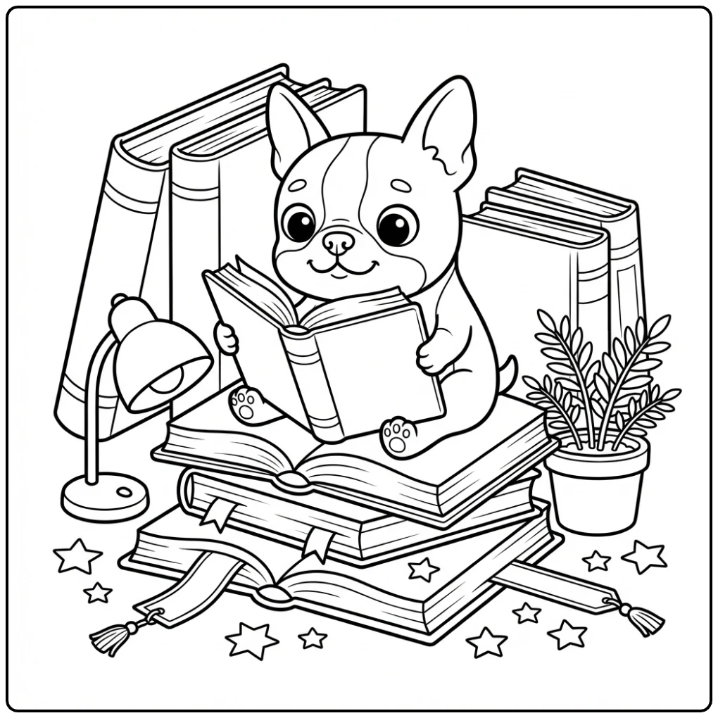 Cute Boston Terrier coloring page sitting on books.