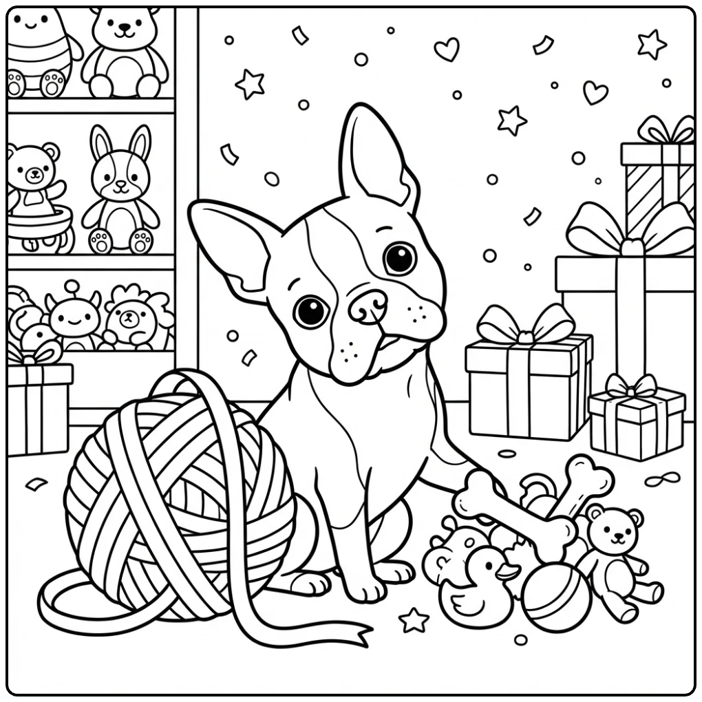Cute Boston Terrier coloring page in a toy shop.