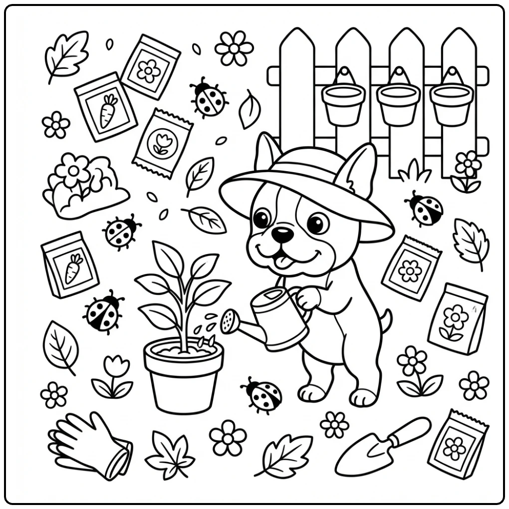 Cute Boston Terrier coloring page watering a potted plant.