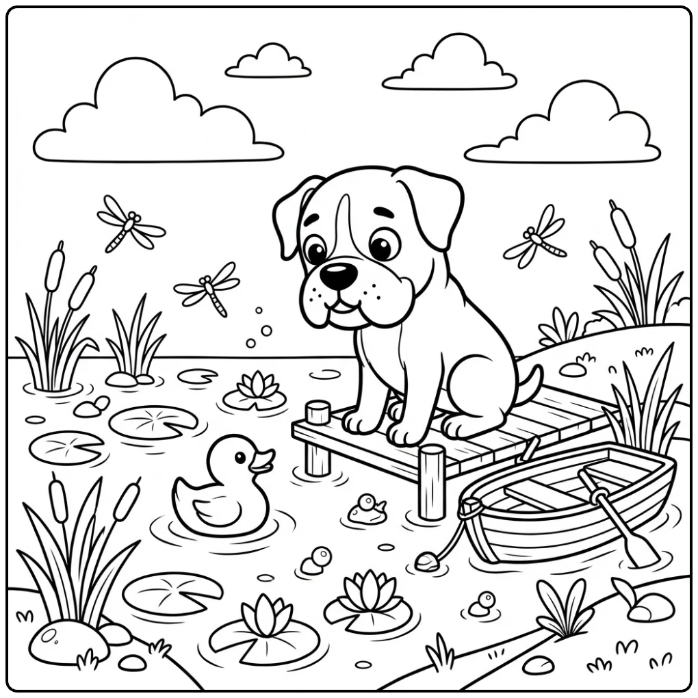 Cute Boxer Dog coloring page on a dock watching a duck