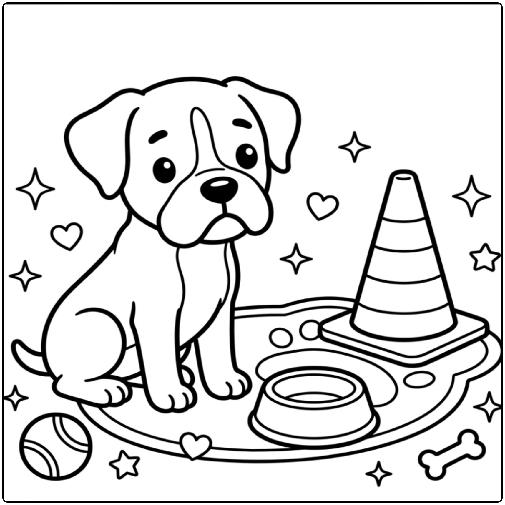 Cute Boxer Puppy coloring page sitting near a bowl and cone.