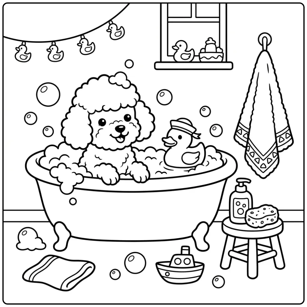 A happy puppy in a bubbly tub Poodle Coloring Page.