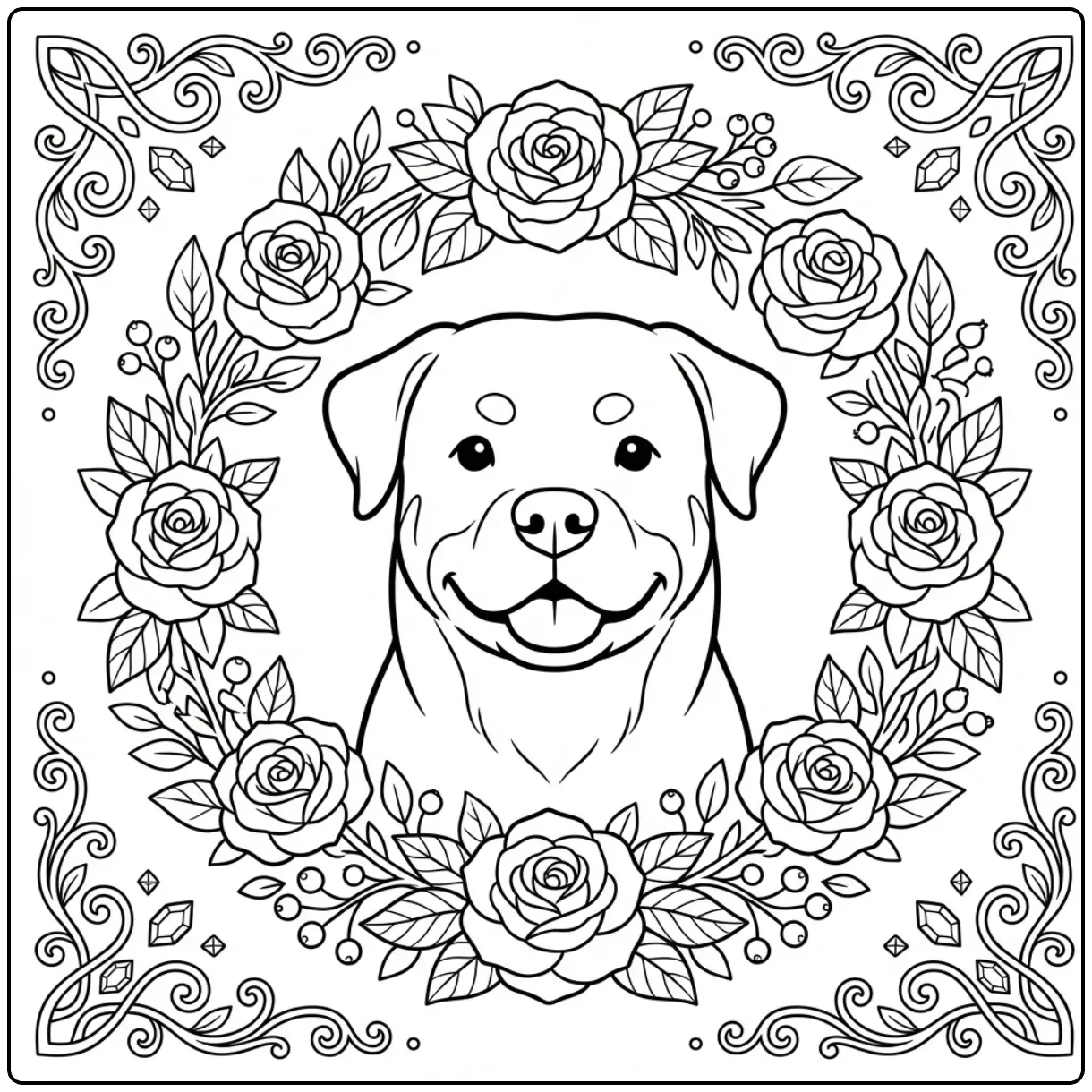 Detailed floral Rottweiler coloring page for adults portrait.