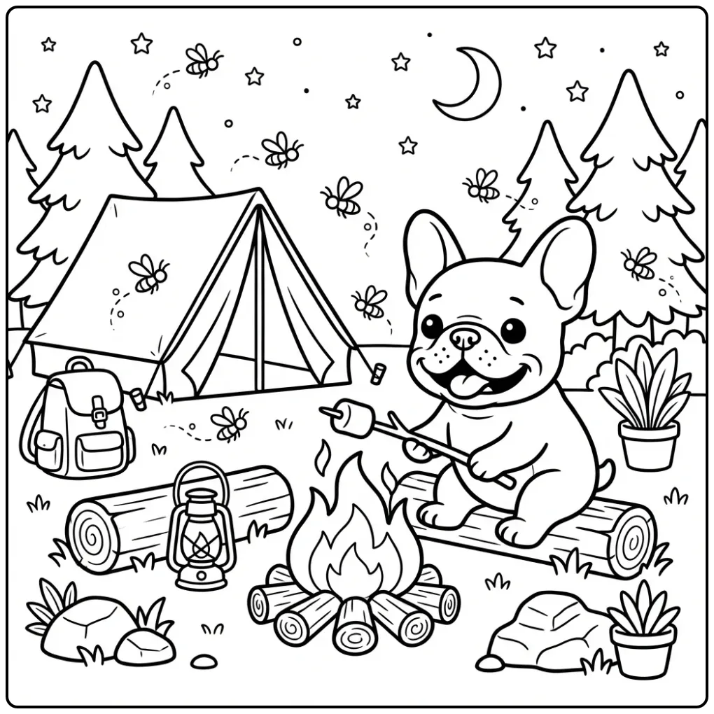 A cute camping scene French Bulldog Coloring Page with a tent.