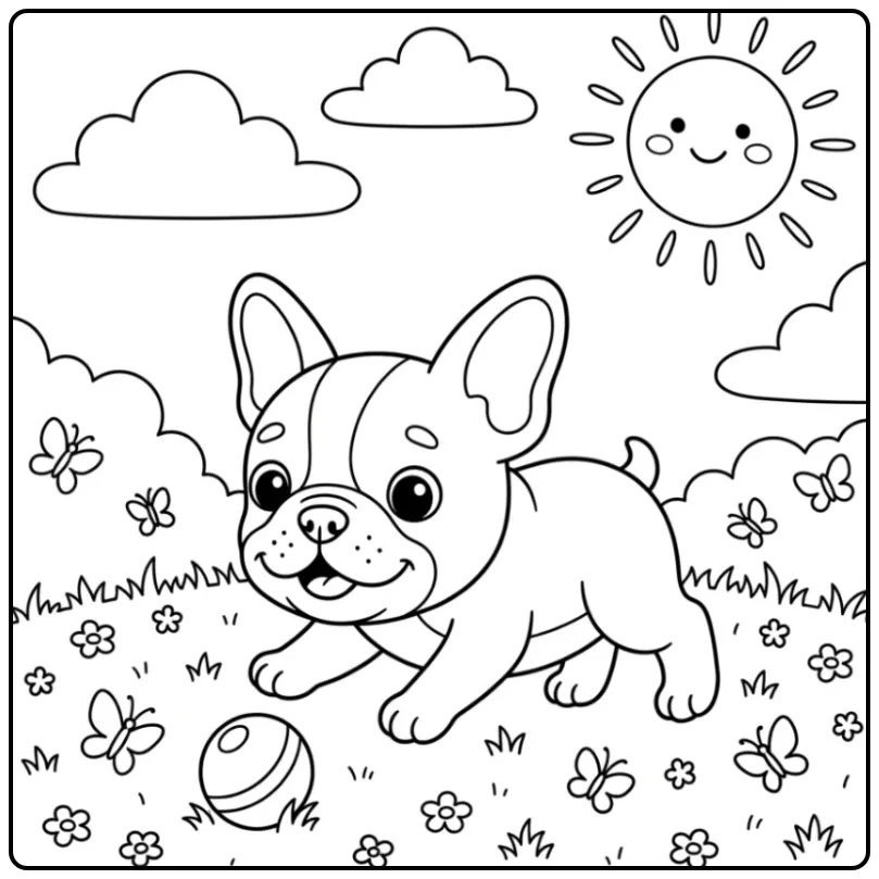 A playful Baby French Bulldog Coloring Page with flowers.