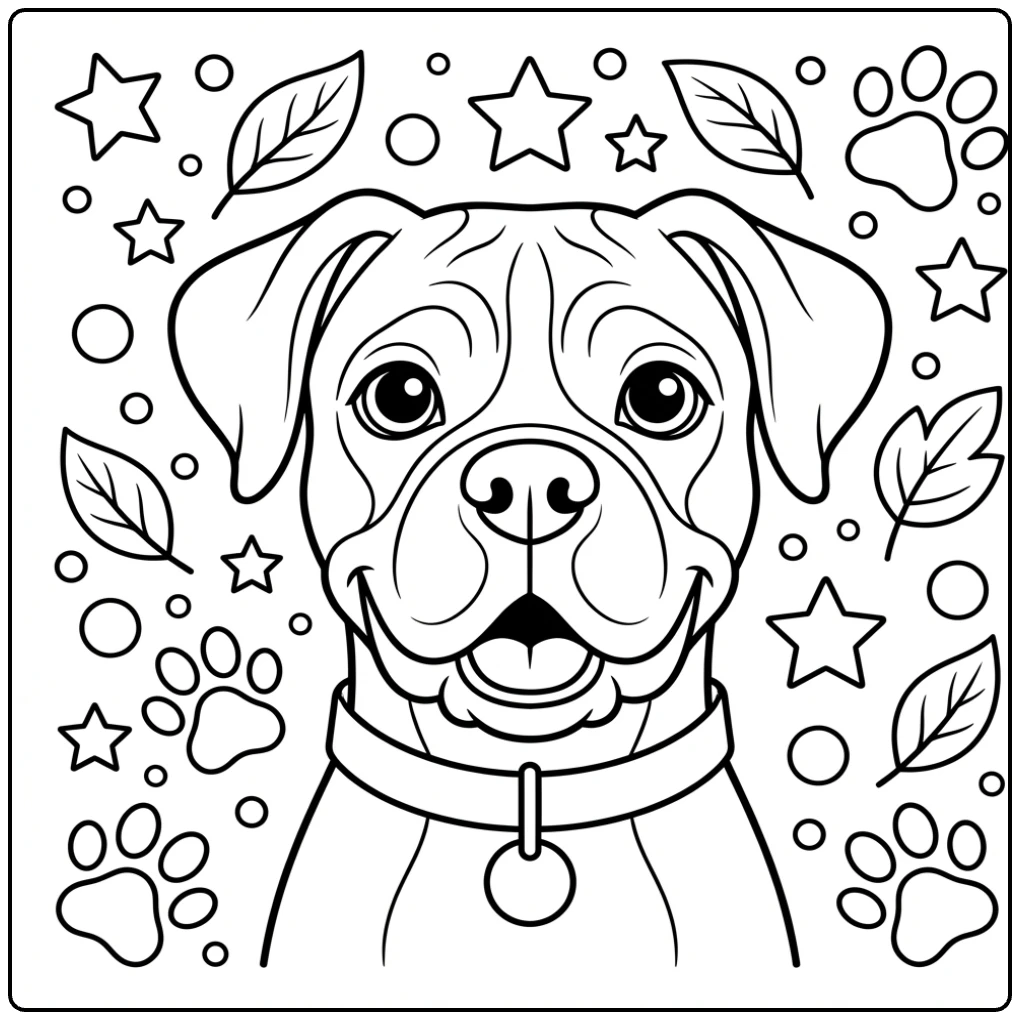 Cute Boxer Dog coloring page with stars and paw prints.