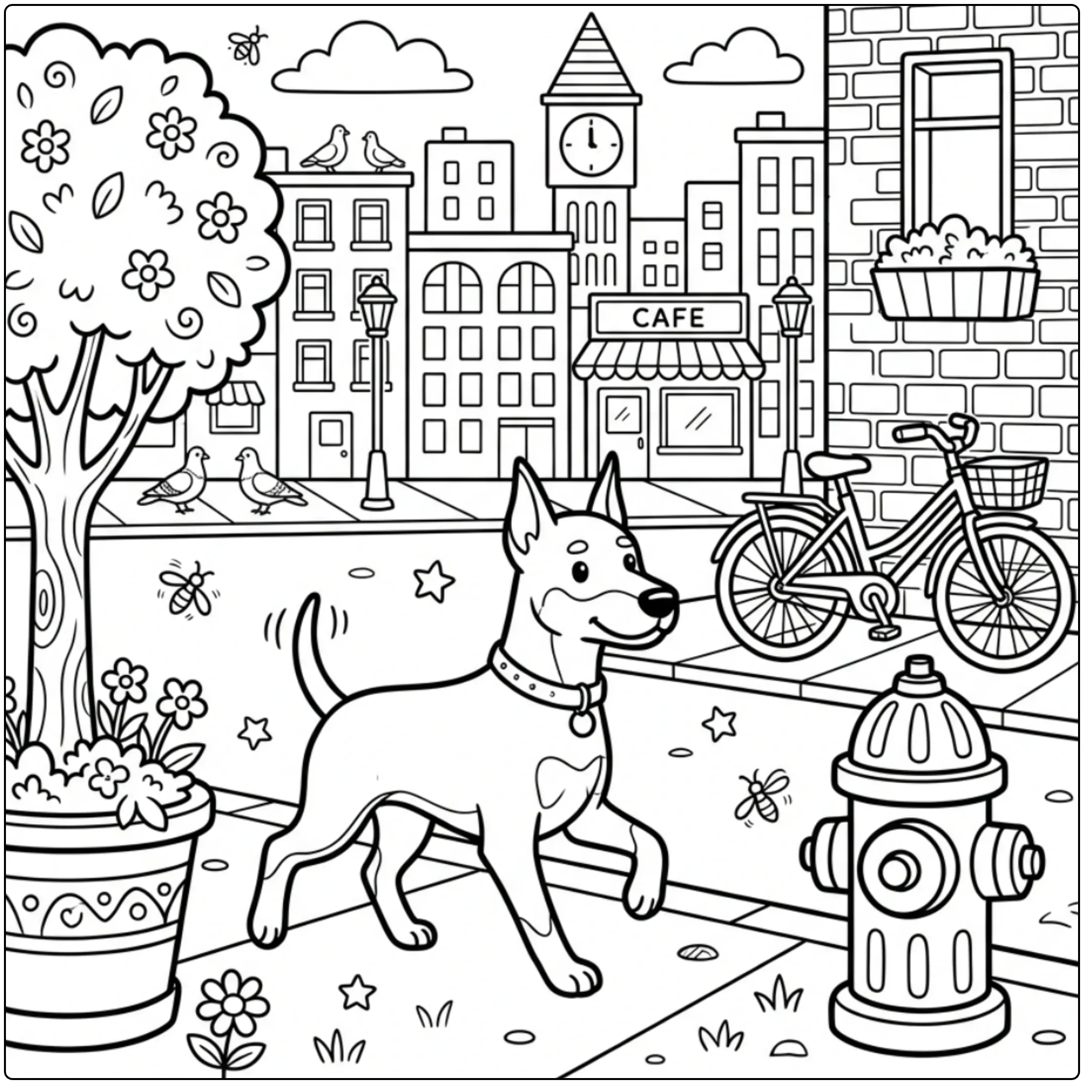 Doberman coloring page of a dog on a city sidewalk.