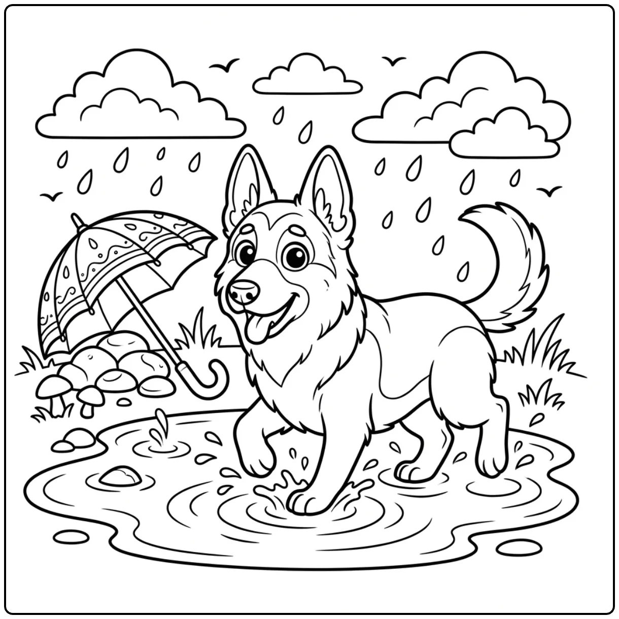 Playful German Shepherd coloring page splashing in rain.