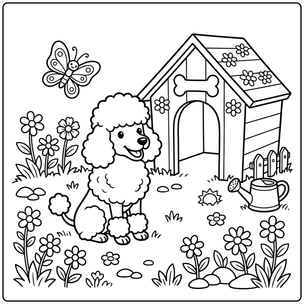 A proud pup sitting by its doghouse, a fun Poodle Coloring Page.