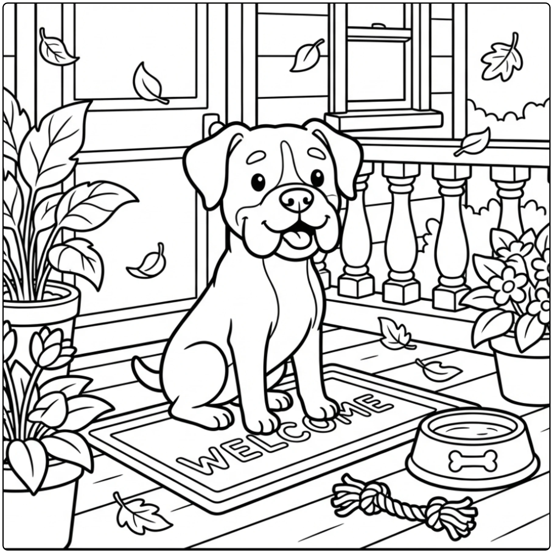Cute Boxer Dog coloring page with a rope toy on a porch.