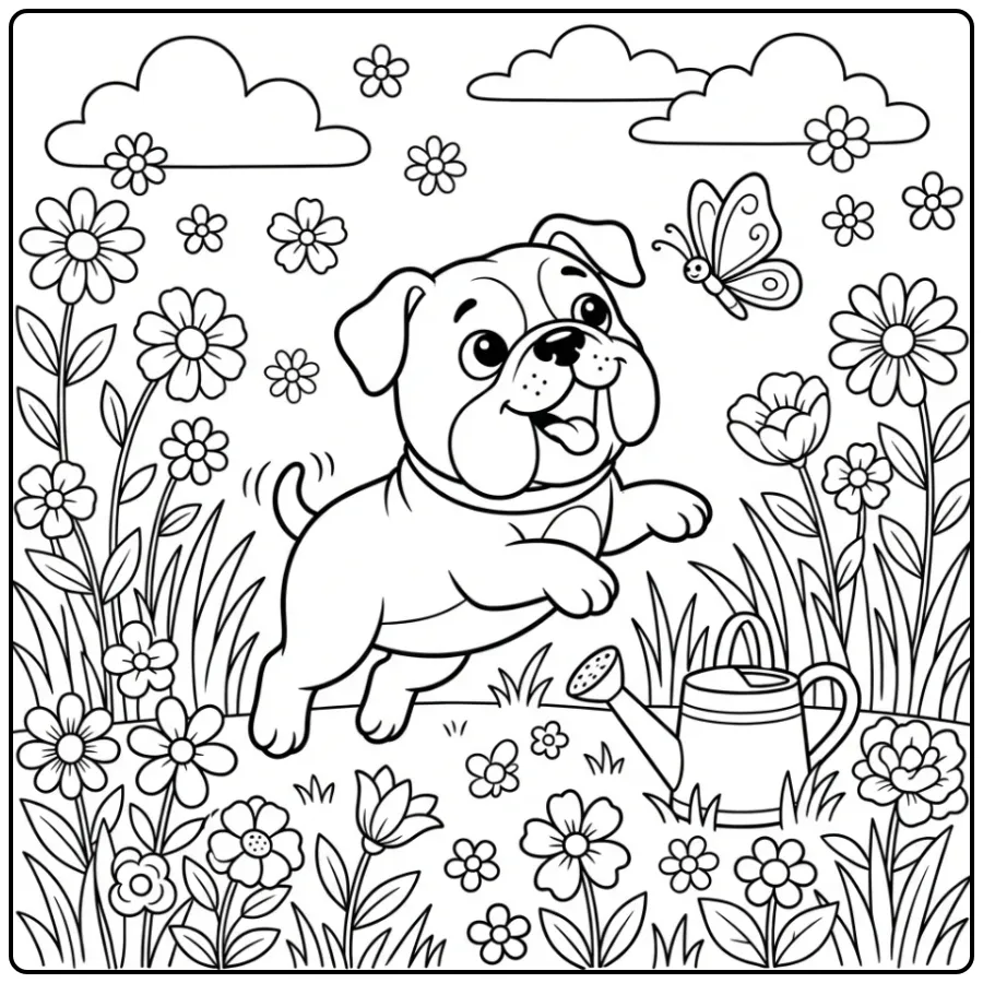 A happy Bulldog Puppy Coloring Page in a sunny garden with a butterfly.