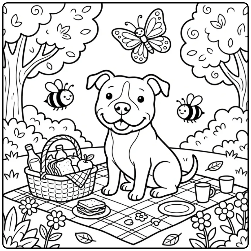 A cartoon dog enjoys a picnic in this cute Pitbull Coloring Page.