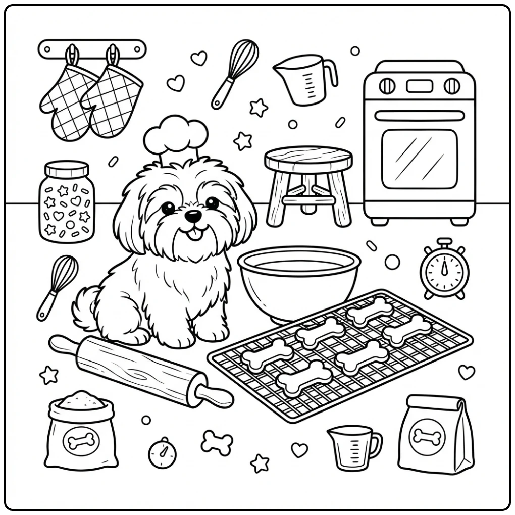 Cute baking Shih Tzu coloring page with bone cookies.