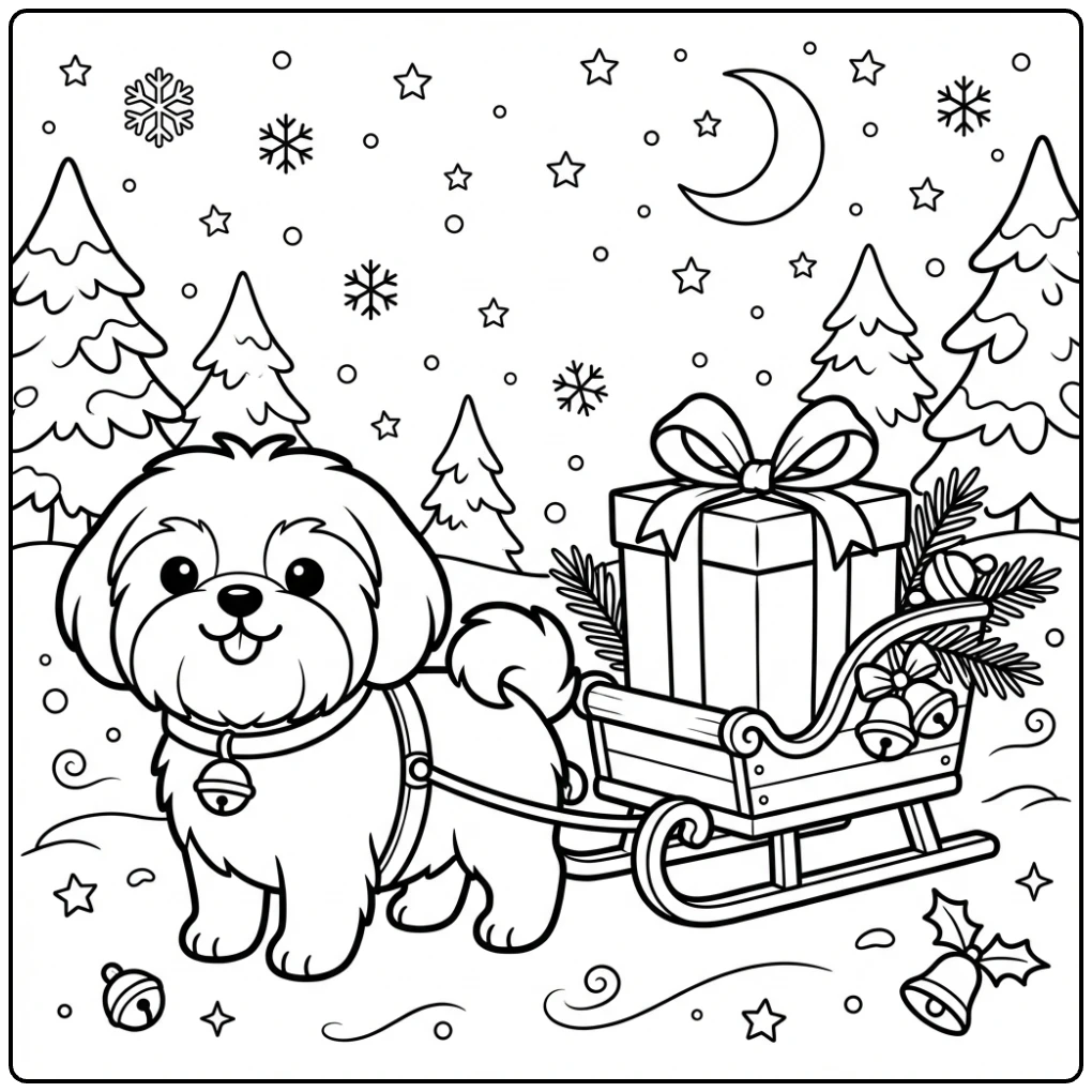 Cute Christmas Shih Tzu coloring page pulling a tiny sleigh.