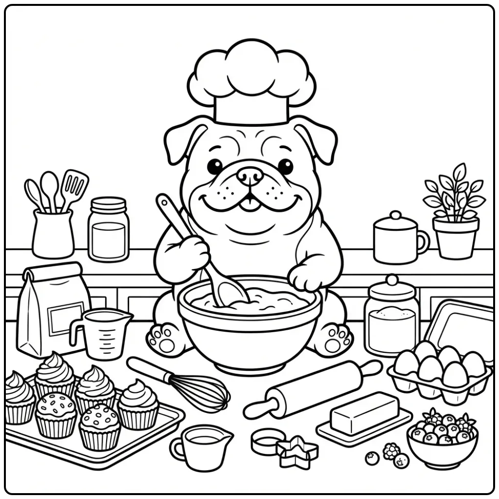 A cute chef Bulldog Coloring Page with a mixing bowl and hat.