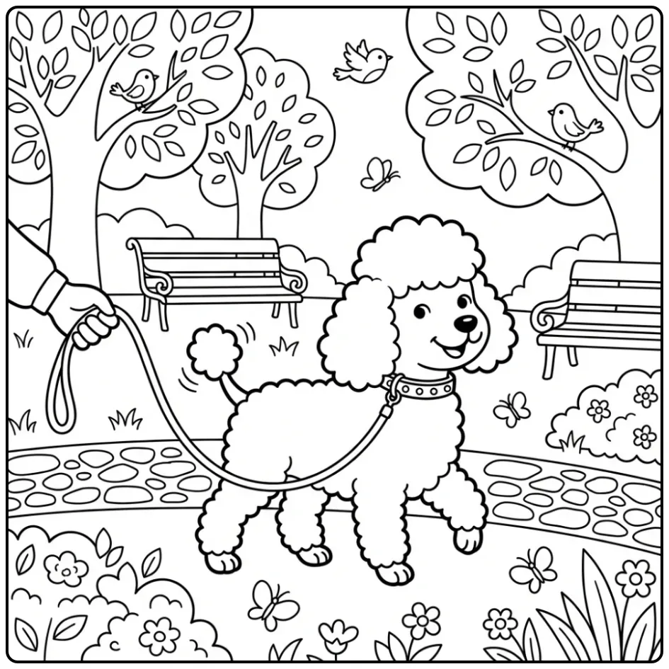 A playful cartoon Poodle Coloring Page with a park scene.
