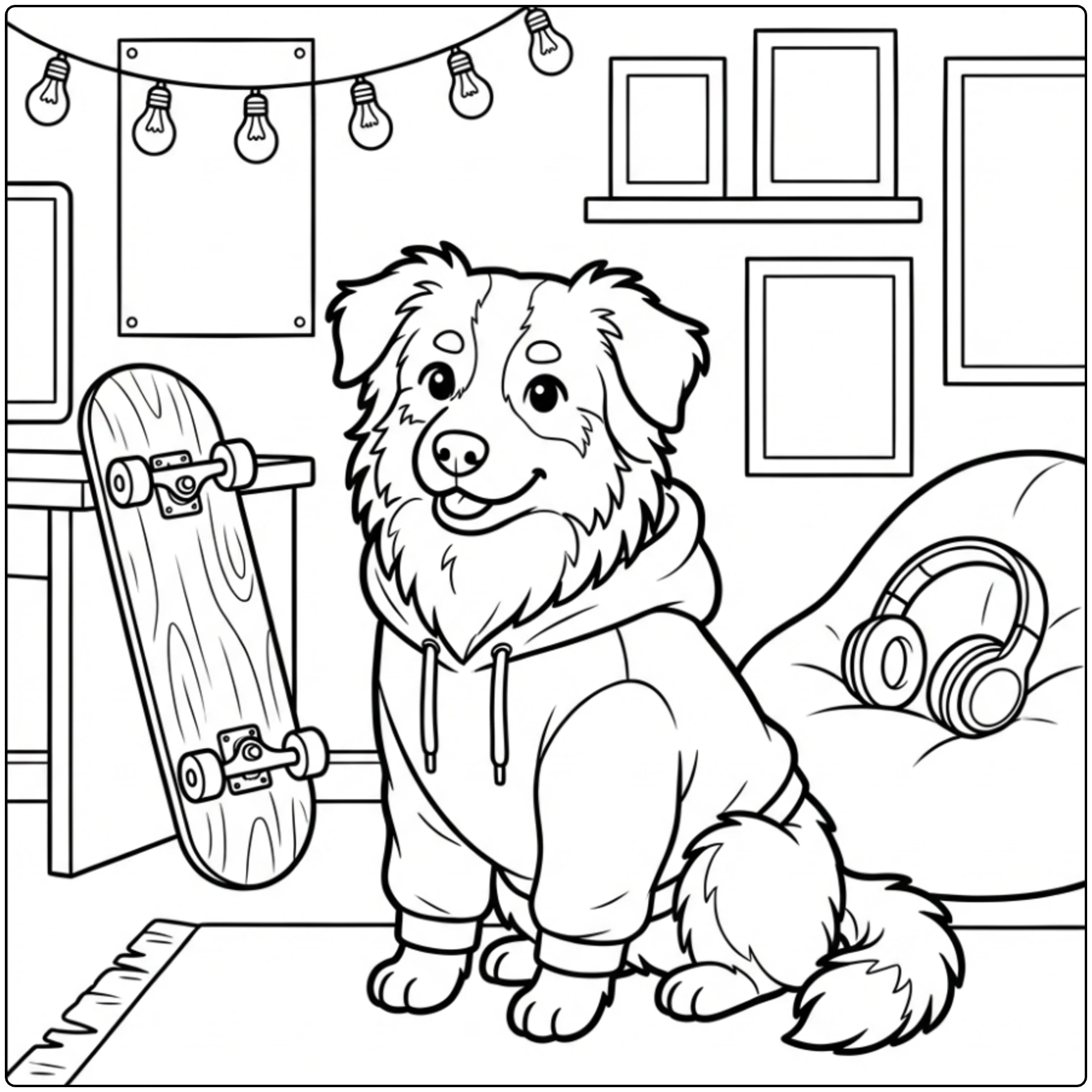 Australian shepherd coloring page for teens in a hoodie.