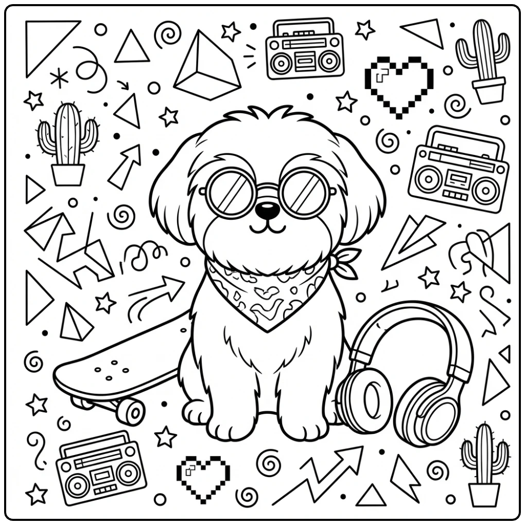 Stylish Shih Tzu coloring page for teens with a skateboard.