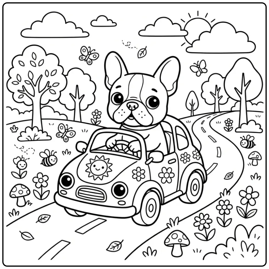 A happy dog in a toy car on a French Bulldog Coloring Page.