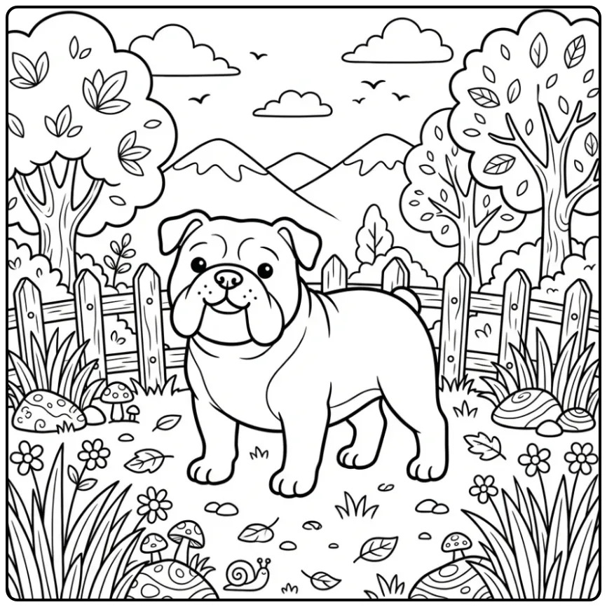 A proud bulldog in a country field Realistic Bulldog Coloring Page.