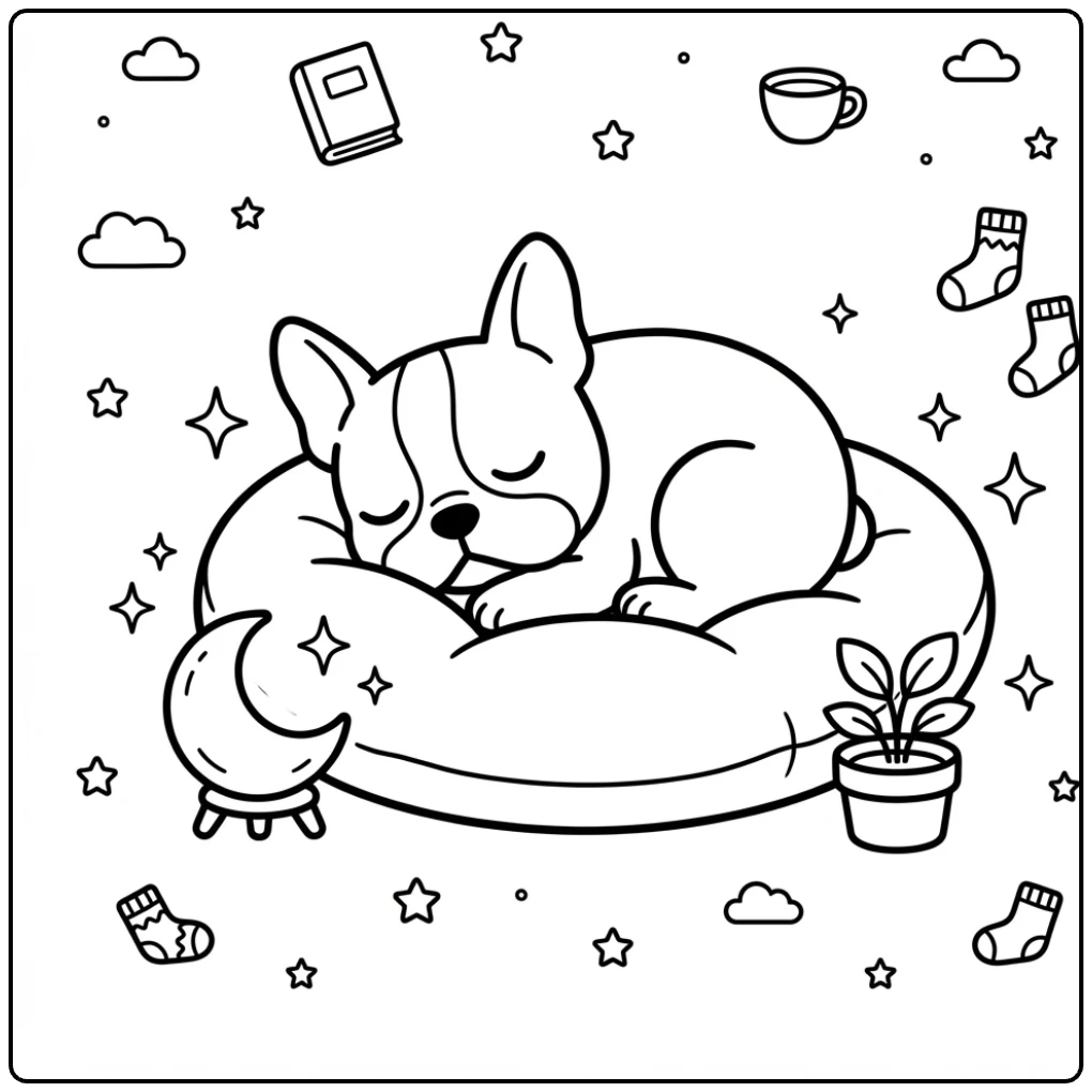 A simple Boston Terrier coloring page of a sleeping puppy.