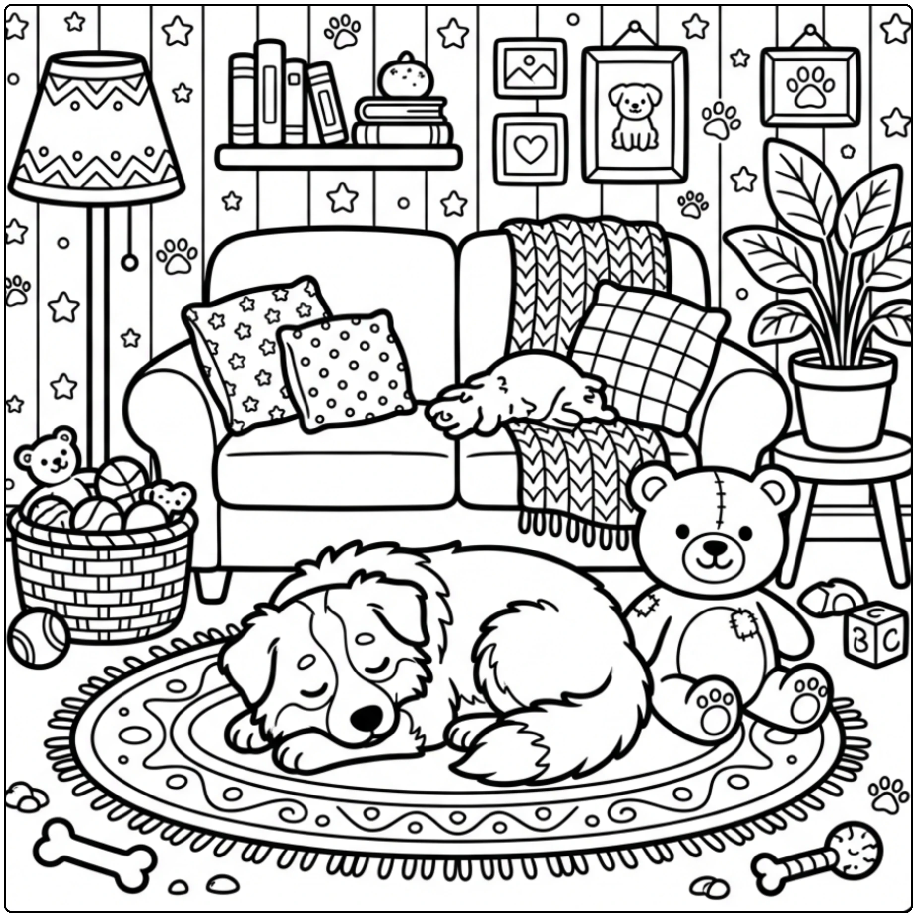 Cute Australian Shepherd coloring page sleeping by a teddy bear.