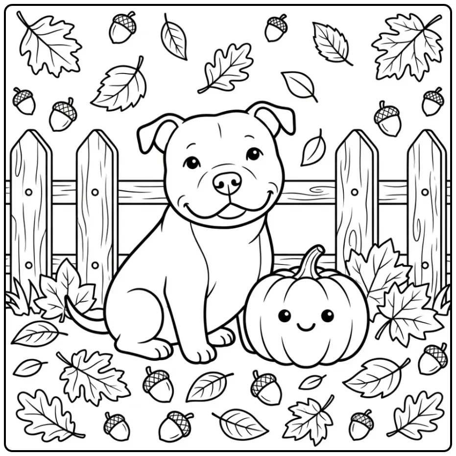 A cute cartoon Pitbull Coloring Page with a pumpkin and leaves.