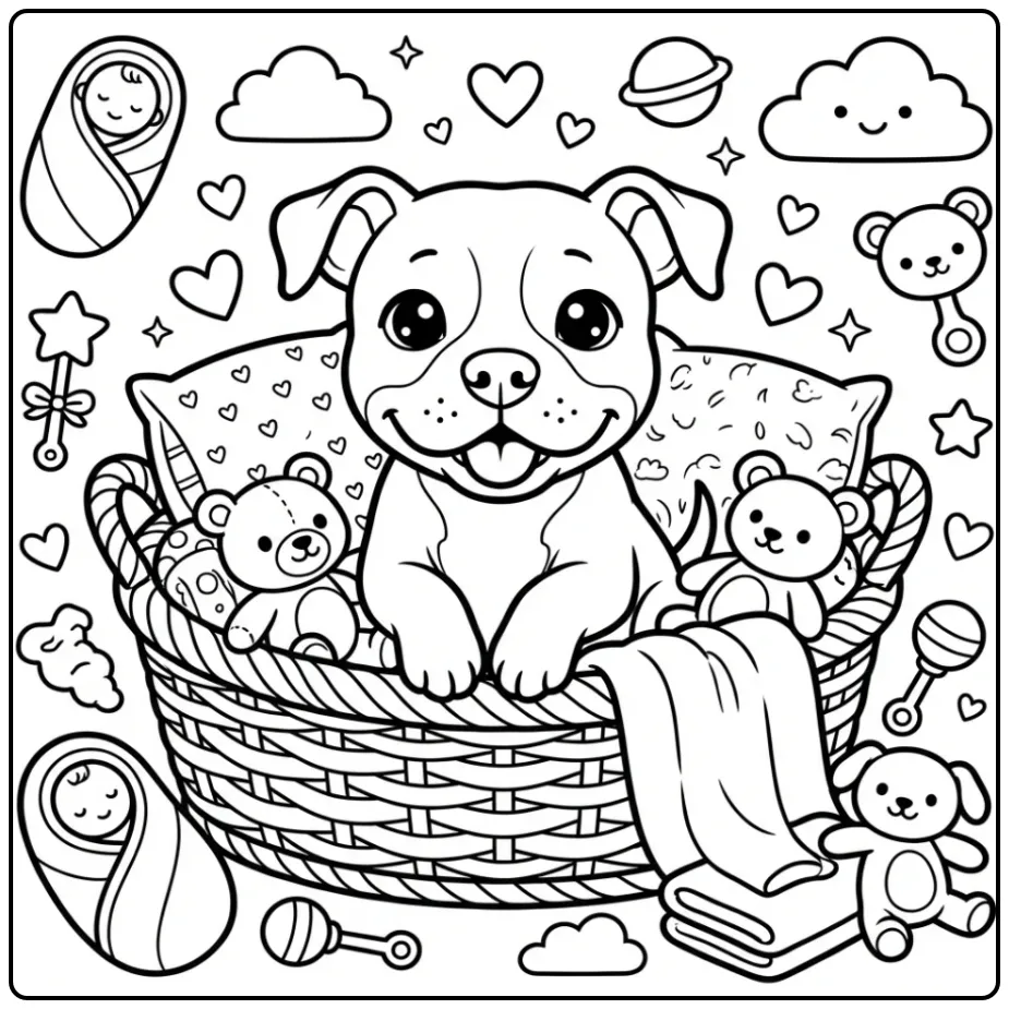 Adorable Baby Pitbull Coloring Page of a pup in a cozy basket.