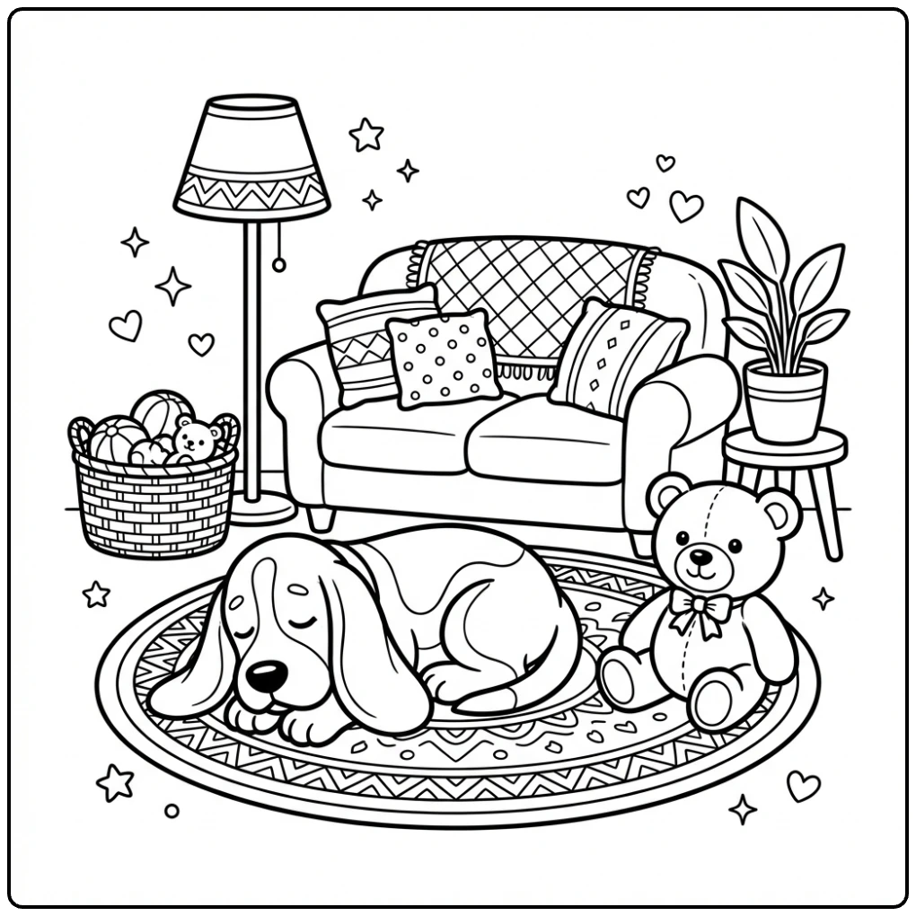 Sleeping Basset Hound coloring page on a rug