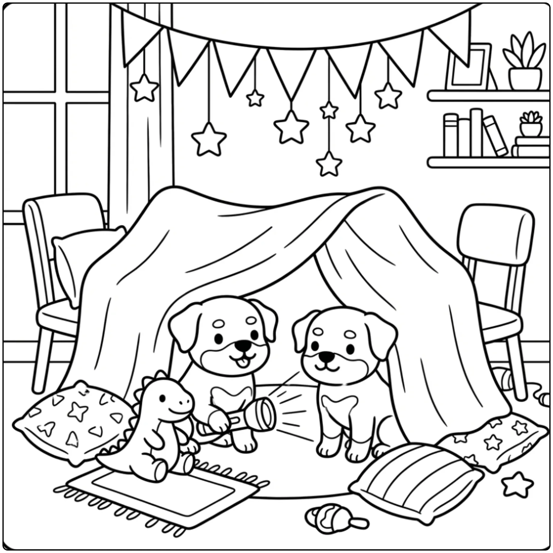 Two cute puppies in a blanket fort Rottweiler coloring page
