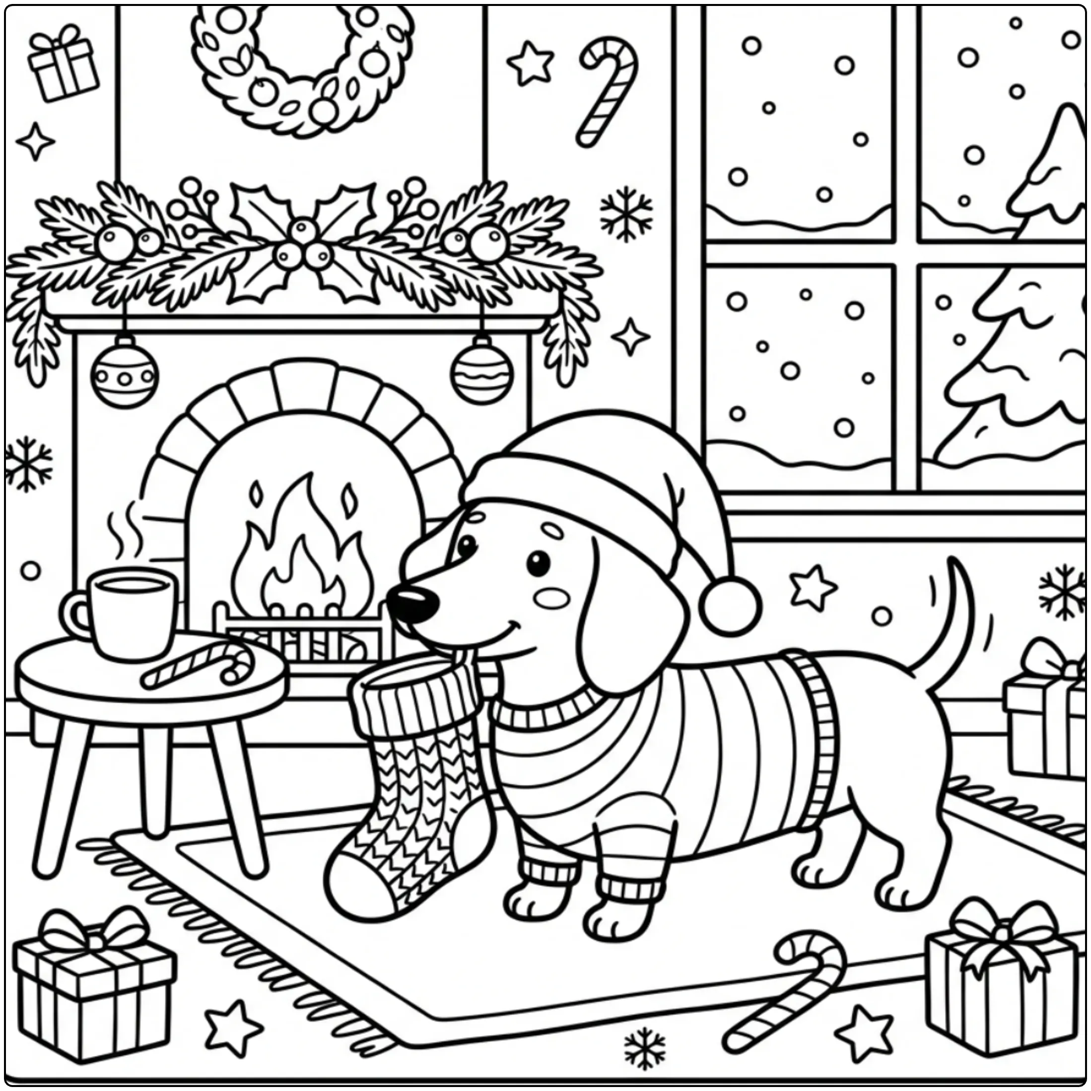 Cute Christmas Dachshund coloring page wearing pajamas.
