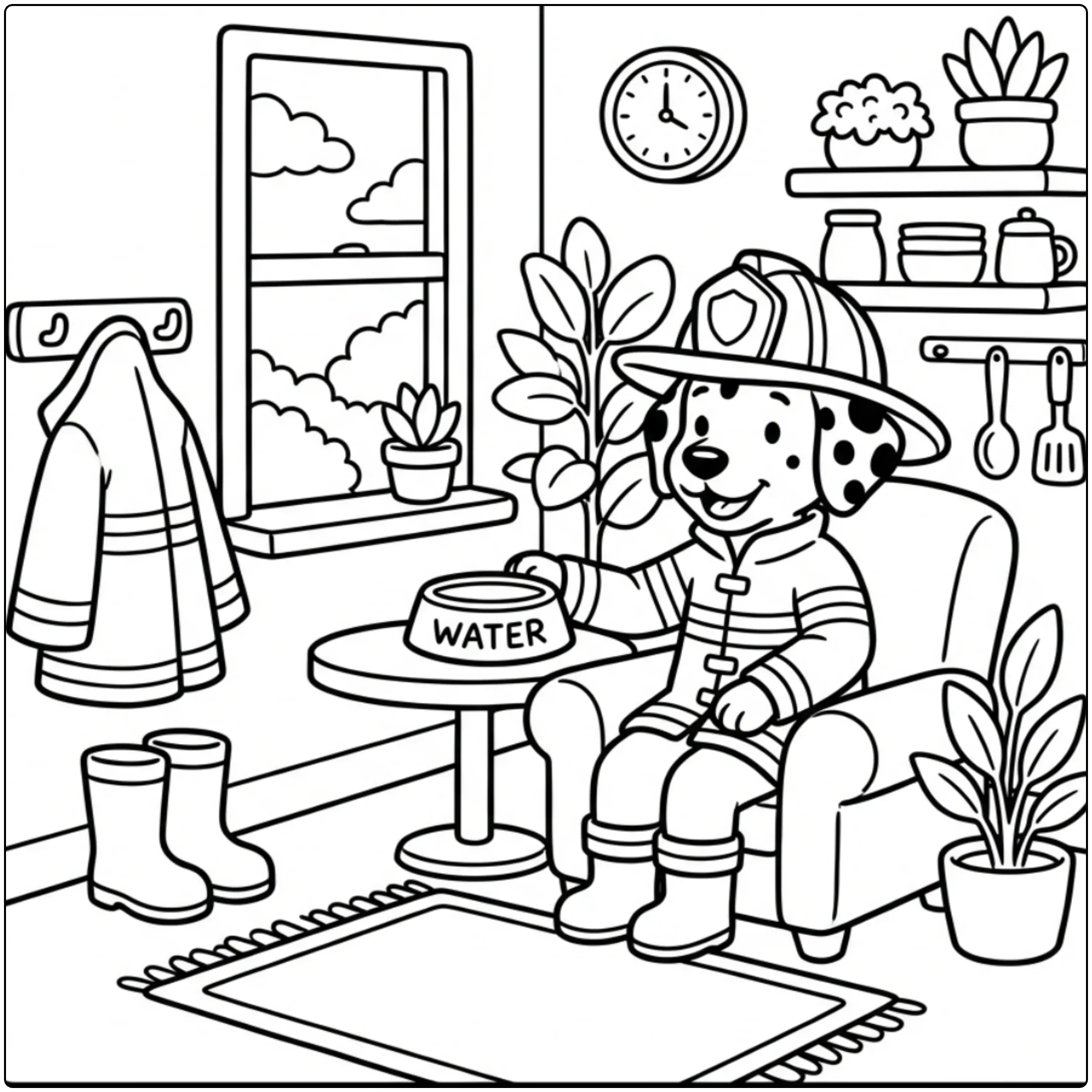 Cute Dalmatian fire dog coloring page taking a kitchen break.