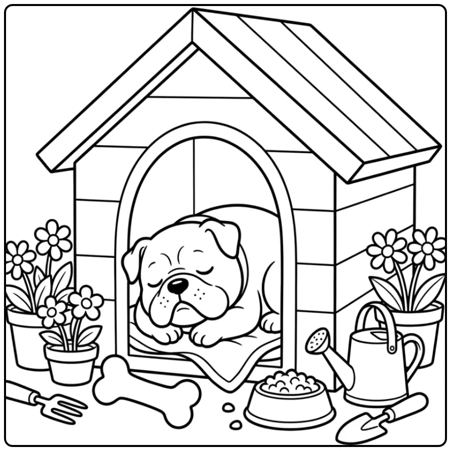 A sleeping puppy in a doghouse on an Easy Bulldog Coloring Page.