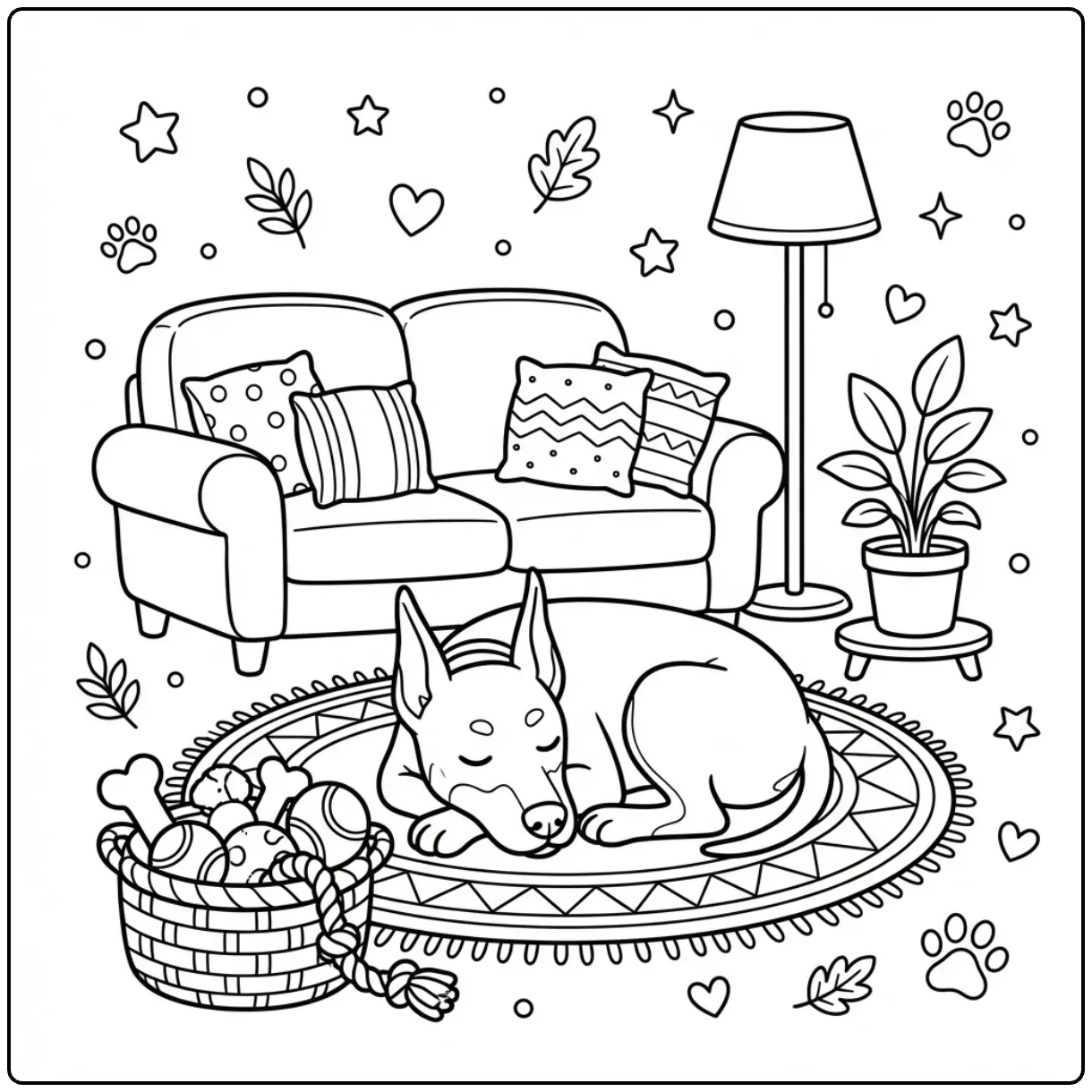 Cute sleeping dog scene for a Doberman coloring page