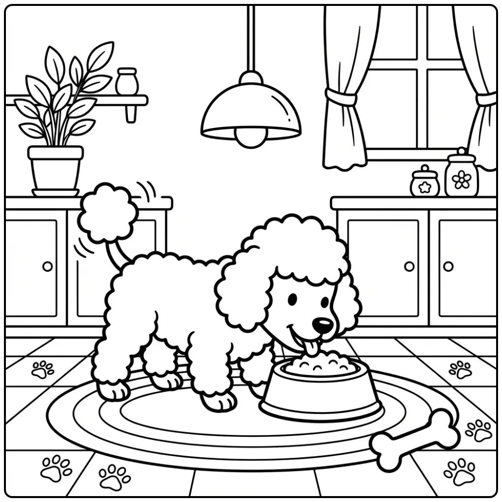 A happy cartoon Poodle Coloring Page eating from its bowl.