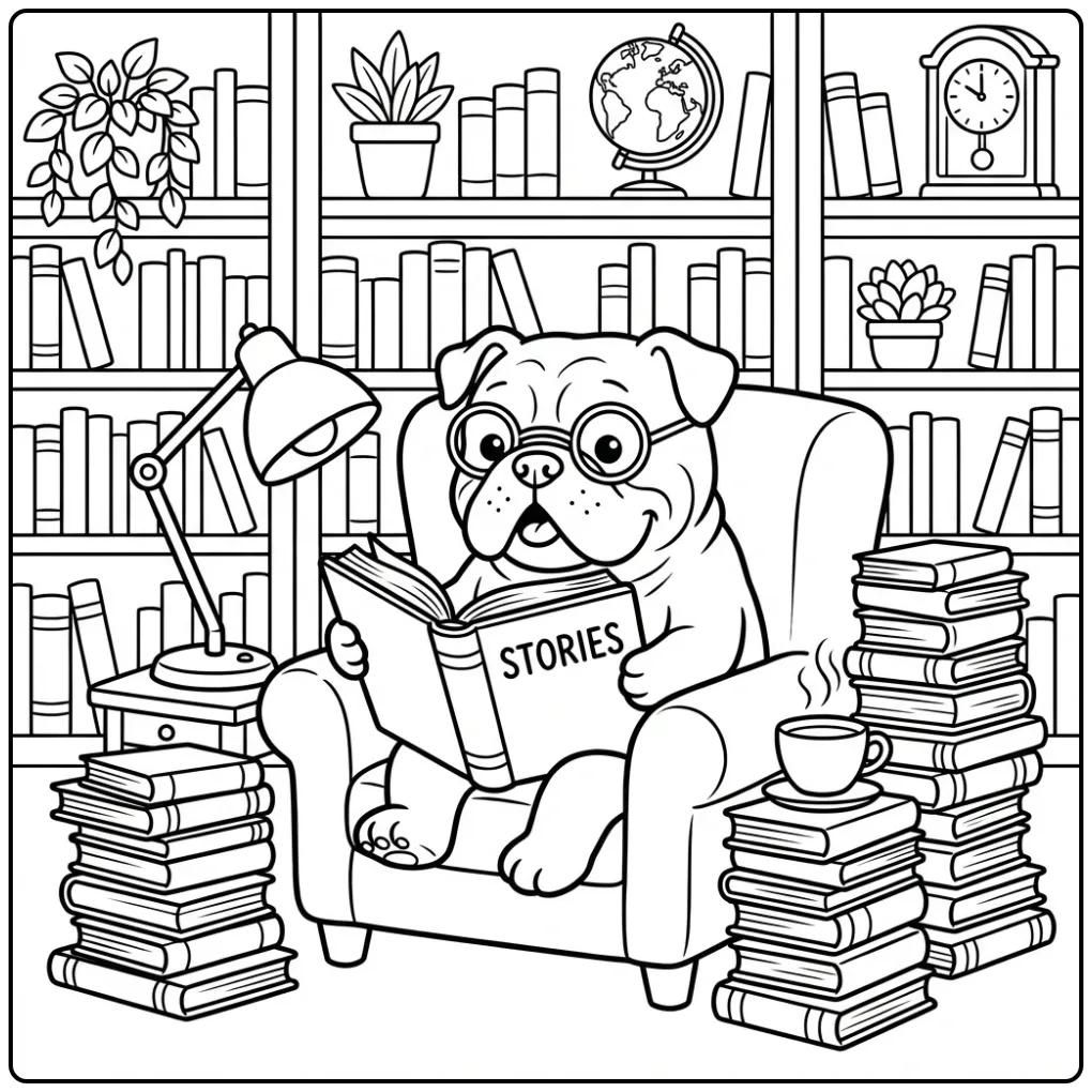 A studious Bulldog Coloring Page featuring a dog with glasses.