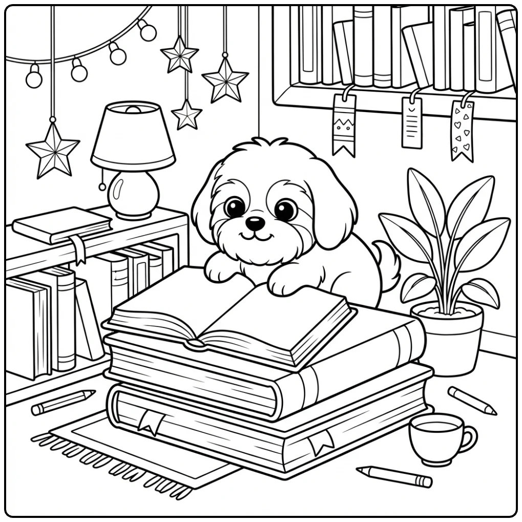 Curious dog reading books Shih Tzu coloring page.