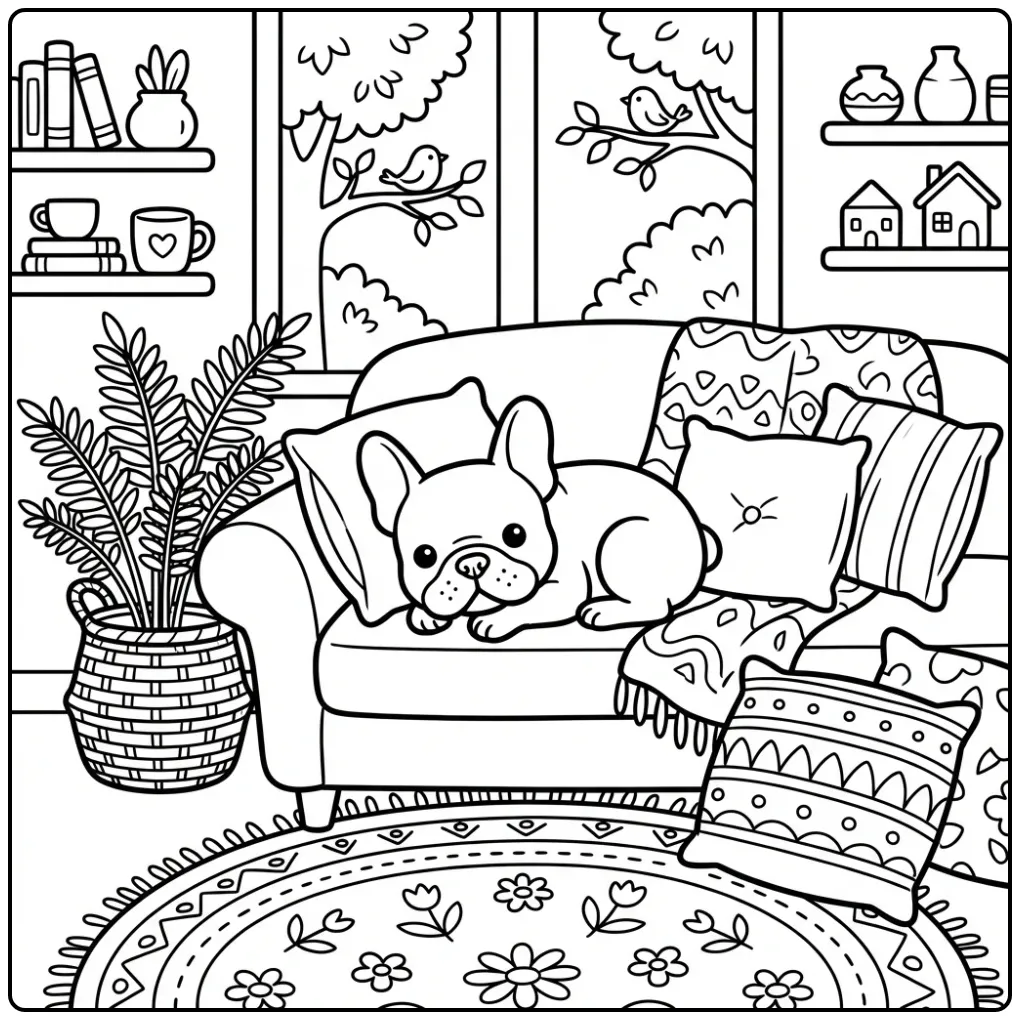 A cute Frenchie rests on a couch in a Realistic French Bulldog Coloring Page.